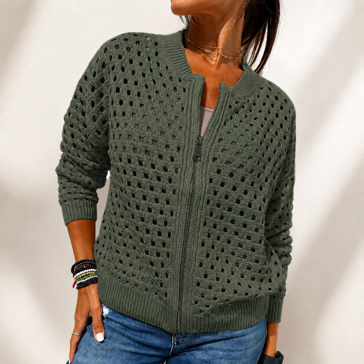 Chaqueta Nivara™ De Punto Calado Con Cremallera Frontal