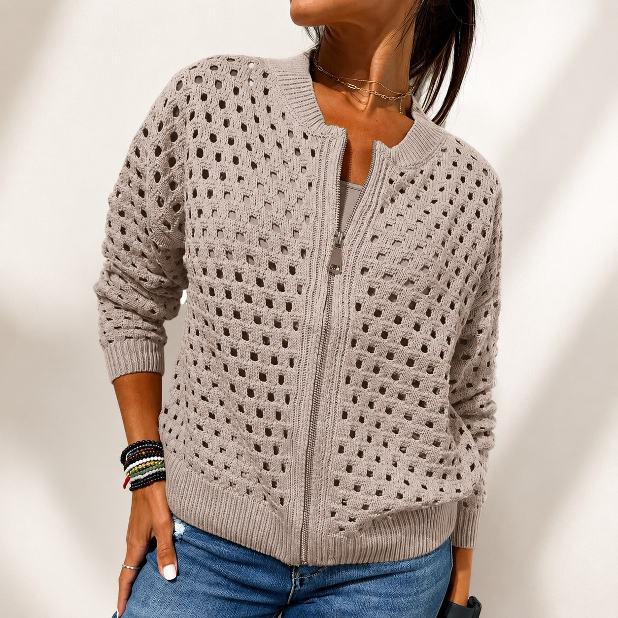 Chaqueta Nivara™ De Punto Calado Con Cremallera Frontal