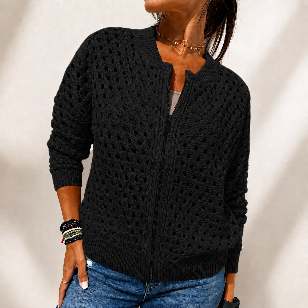 Chaqueta Nivara™ De Punto Calado Con Cremallera Frontal