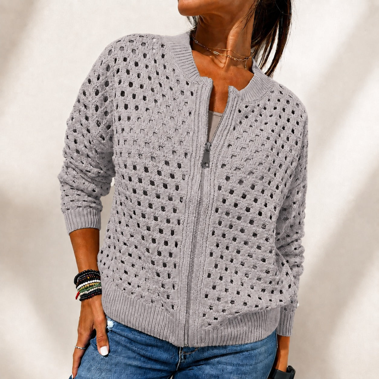 Chaqueta Nivara™ De Punto Calado Con Cremallera Frontal