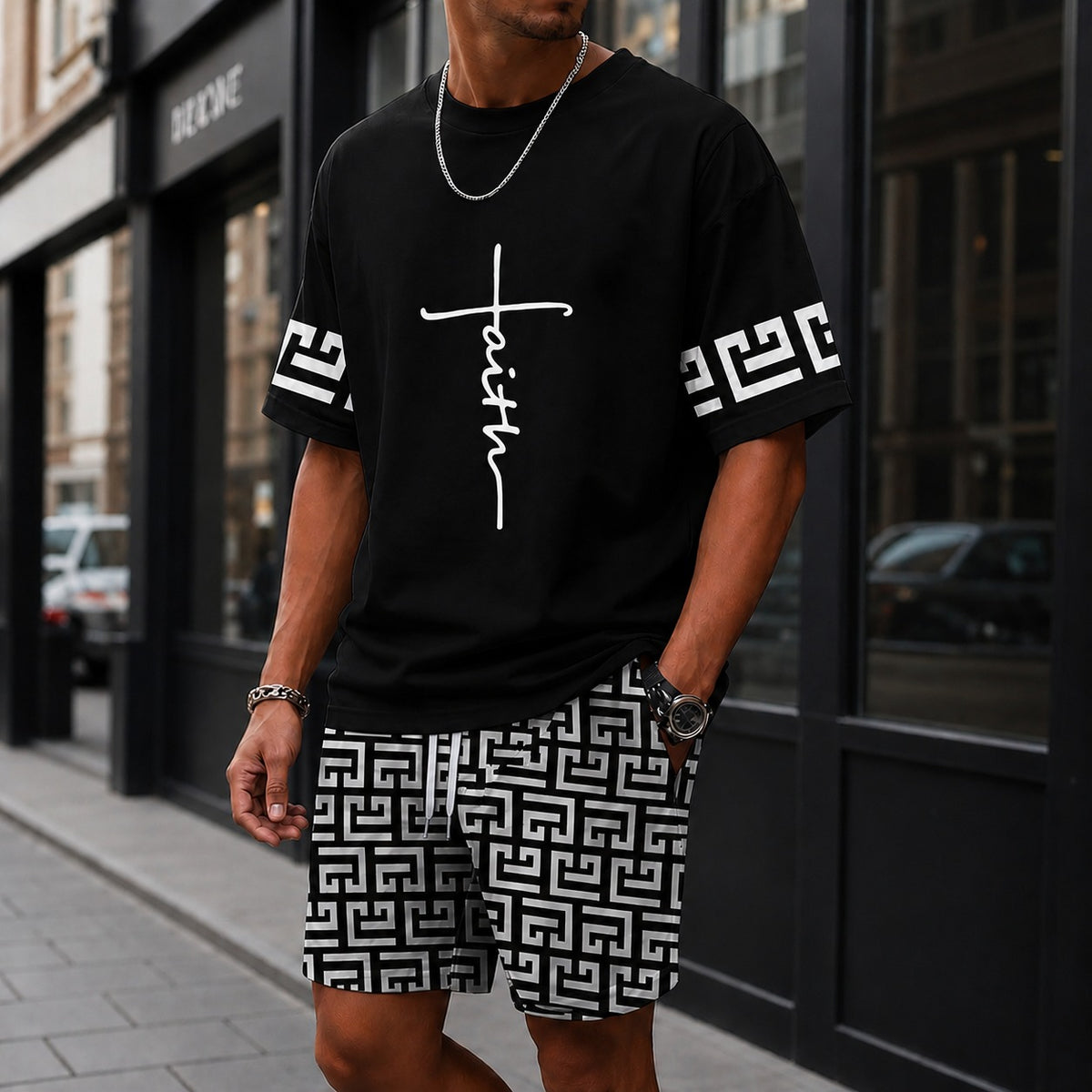 Conjunto Lucento™ con Camiseta Oversize y Shorts con Estampado Geométrico / Un estilo urbano con personalidad propia.