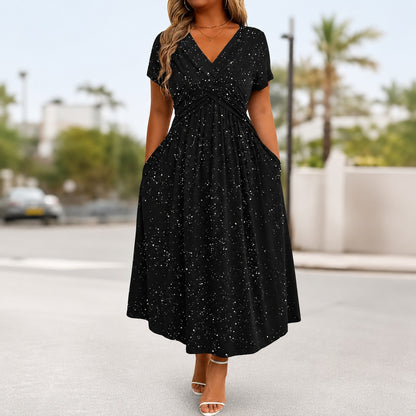 Vestido Serenna™ con Escote en V, Busto Drapeado y Bolsillos Laterales