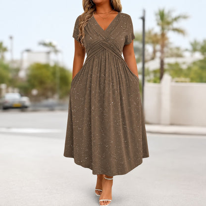 Vestido Serenna™ con Escote en V, Busto Drapeado y Bolsillos Laterales