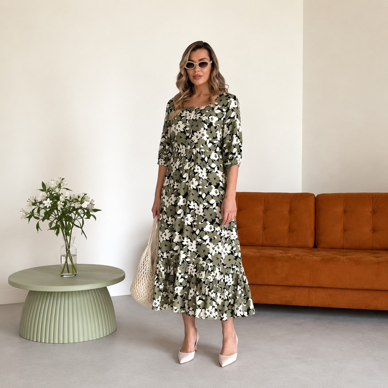 Vestido Florenne™ con Escote Cuadrado, Estampado Floral y Bajo con Volante
