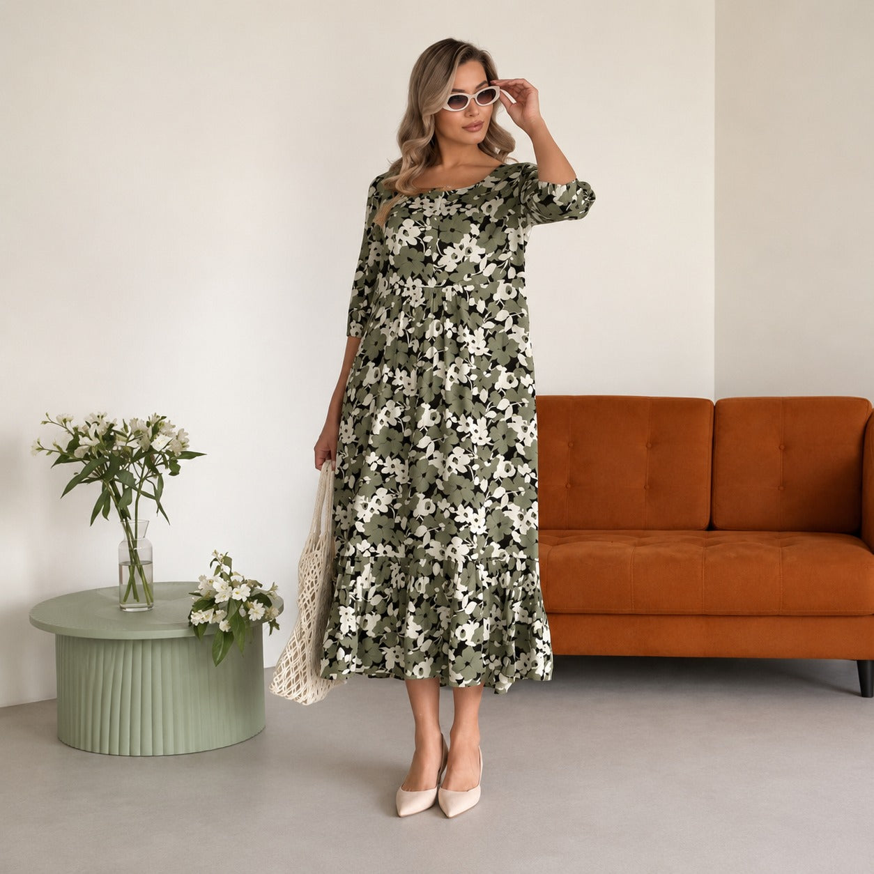 Vestido Florenne™ con Escote Cuadrado, Estampado Floral y Bajo con Volante