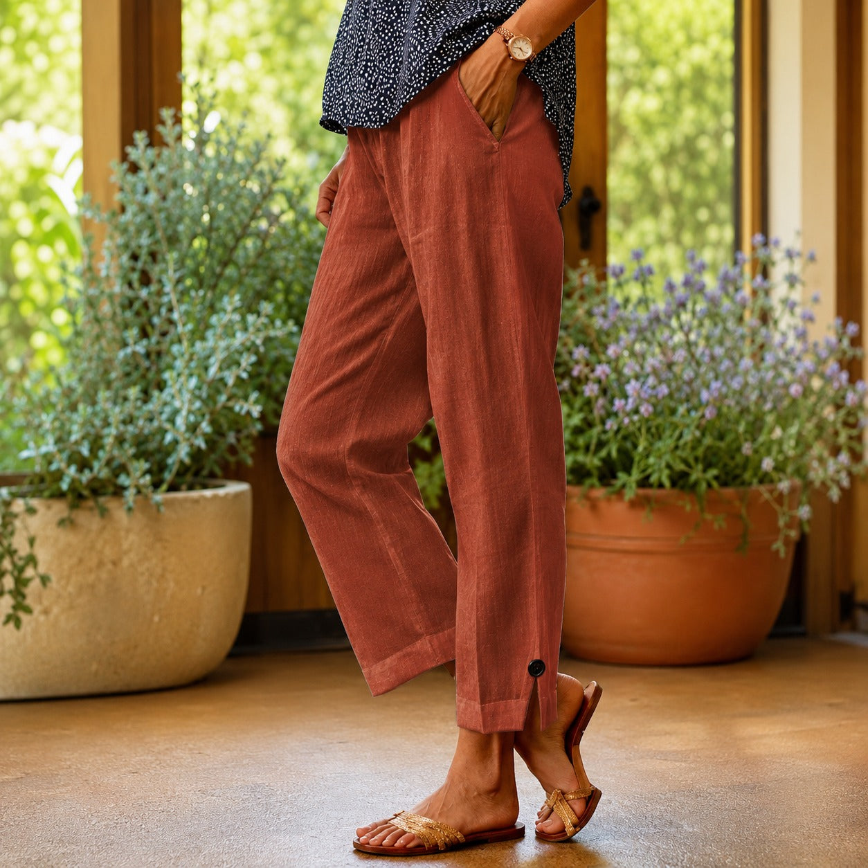 Pantalón Sylvie™ de Lino y Algodón con Abertura Lateral en el Bajo