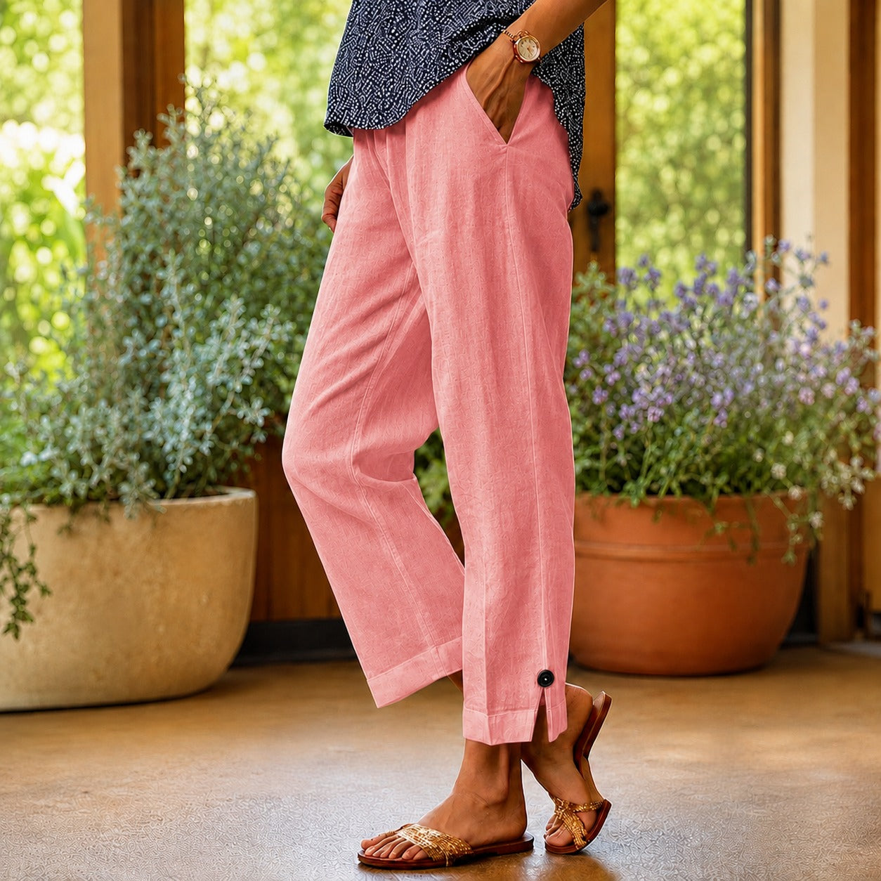 Pantalón Sylvie™ de Lino y Algodón con Abertura Lateral en el Bajo