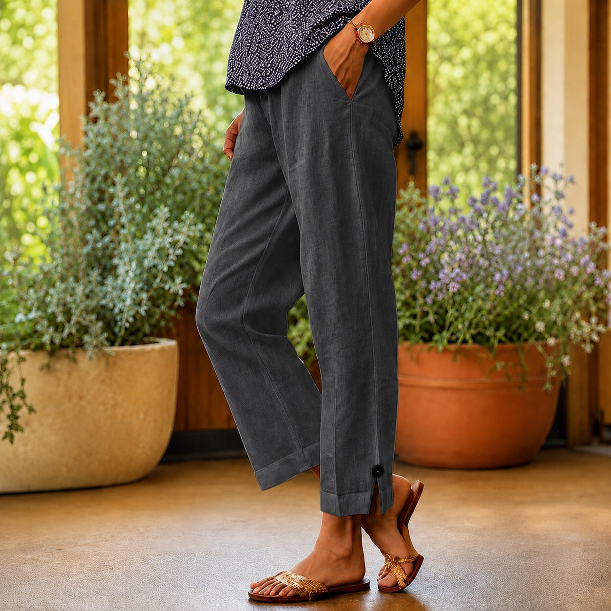 Pantalón Sylvie™ de Lino y Algodón con Abertura Lateral en el Bajo