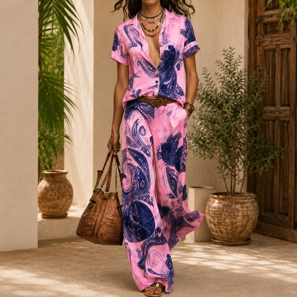 Conjunto Azmara™ de Satén con Camisa y Pantalón Palazzo Estampados / La Fluidez que Viste Sofisticación Sin Apretar