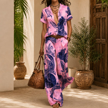 Conjunto Azmara™ de Satén con Camisa y Pantalón Palazzo Estampados / La Fluidez que Viste Sofisticación Sin Apretar