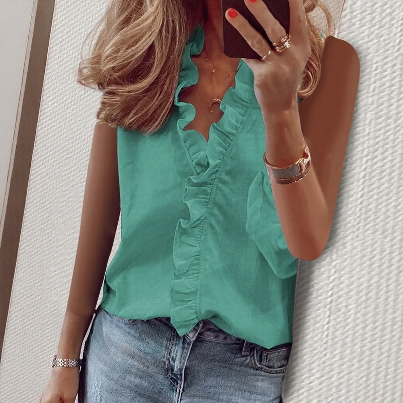 Blusa Violette™ De Chiffon Premium Sin Mangas Con Volantes Frontales Y Corte Amplio