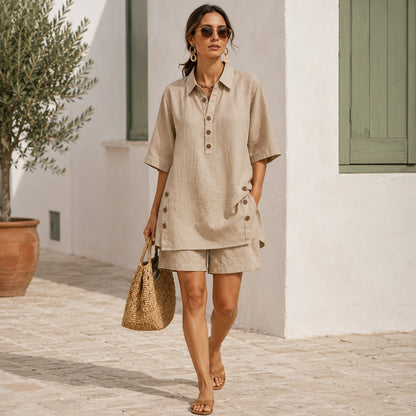 Conjunto Velena™ Con Blusa De Botones Frontales Y Pantalón Corto De Corte Holgado