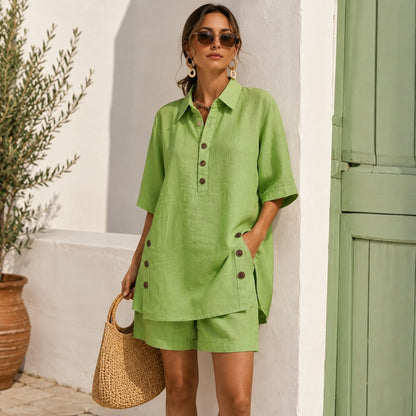 Conjunto Velena™ Con Blusa De Botones Frontales Y Pantalón Corto De Corte Holgado