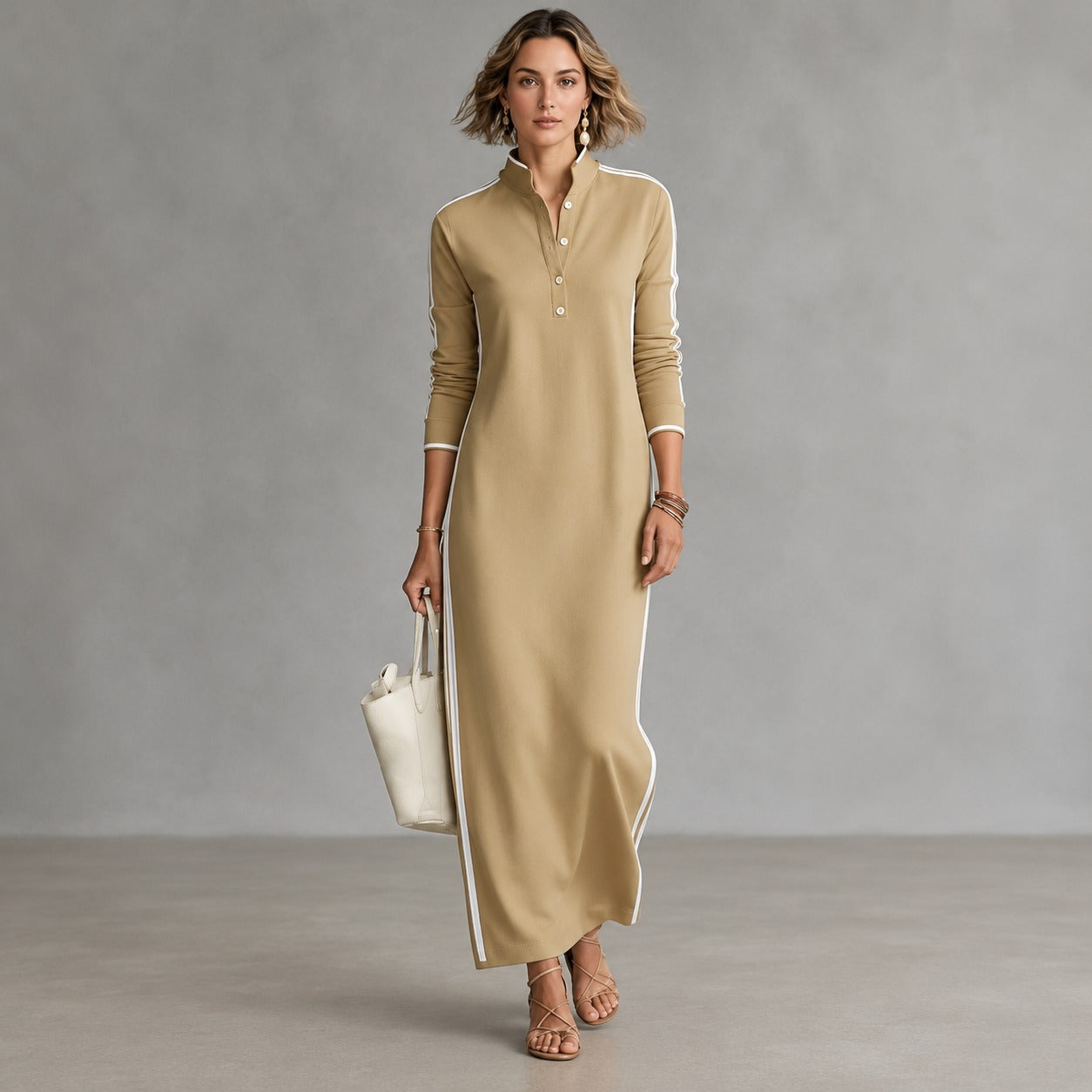Vestido Noriele™ con Cuello Polo, Rayas Laterales y Silueta Larga