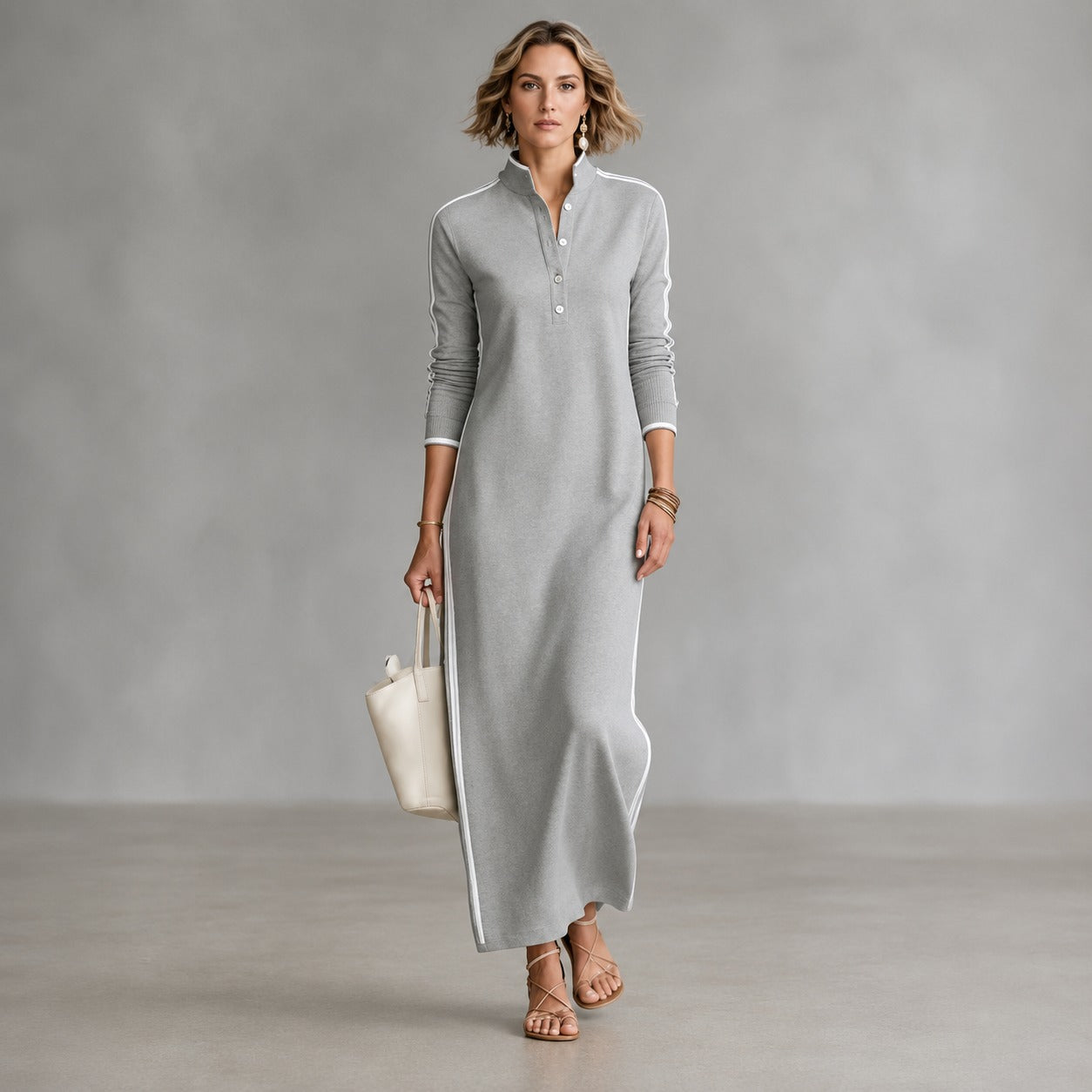 Vestido Noriele™ con Cuello Polo, Rayas Laterales y Silueta Larga