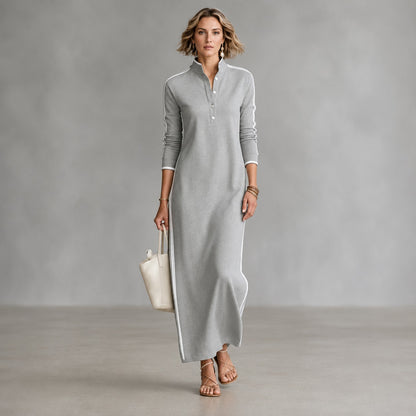 Vestido Noriele™ con Cuello Polo, Rayas Laterales y Silueta Larga