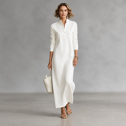 Vestido Noriele™ con Cuello Polo, Rayas Laterales y Silueta Larga