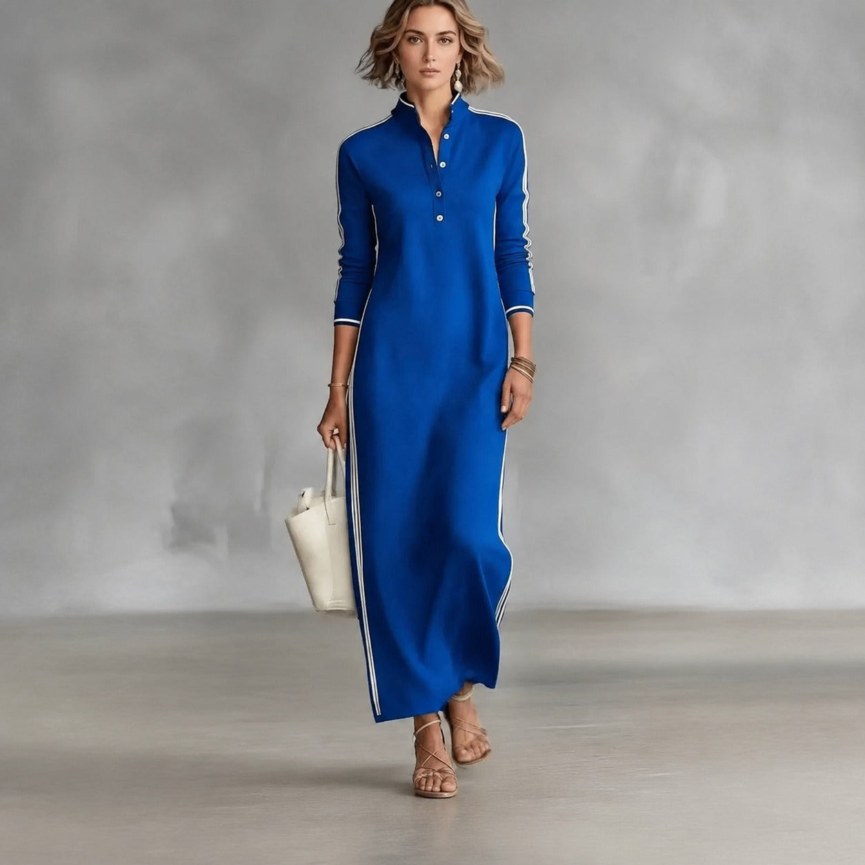 Vestido Noriele™ con Cuello Polo, Rayas Laterales y Silueta Larga