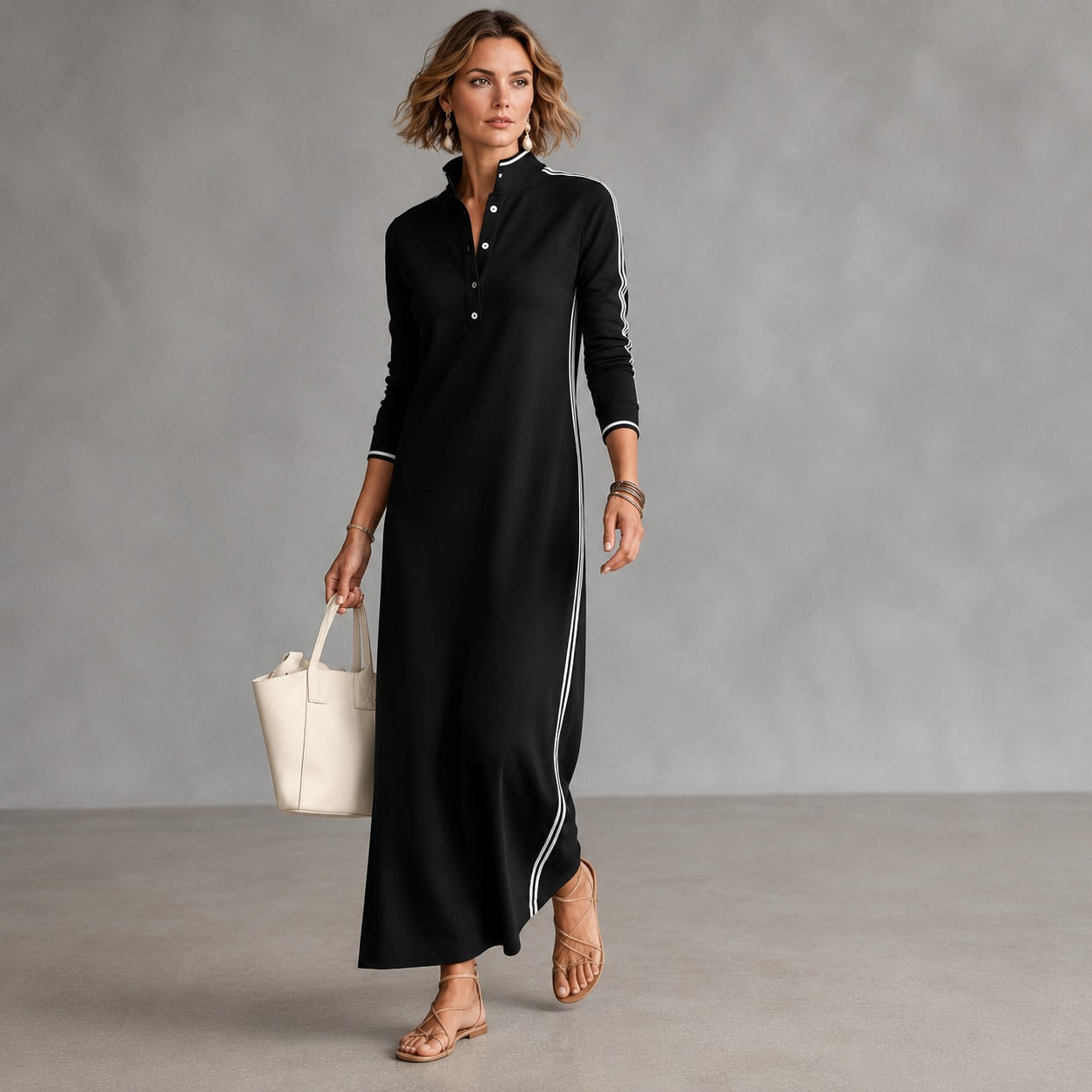 Vestido Noriele™ con Cuello Polo, Rayas Laterales y Silueta Larga