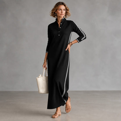 Vestido Noriele™ con Cuello Polo, Rayas Laterales y Silueta Larga