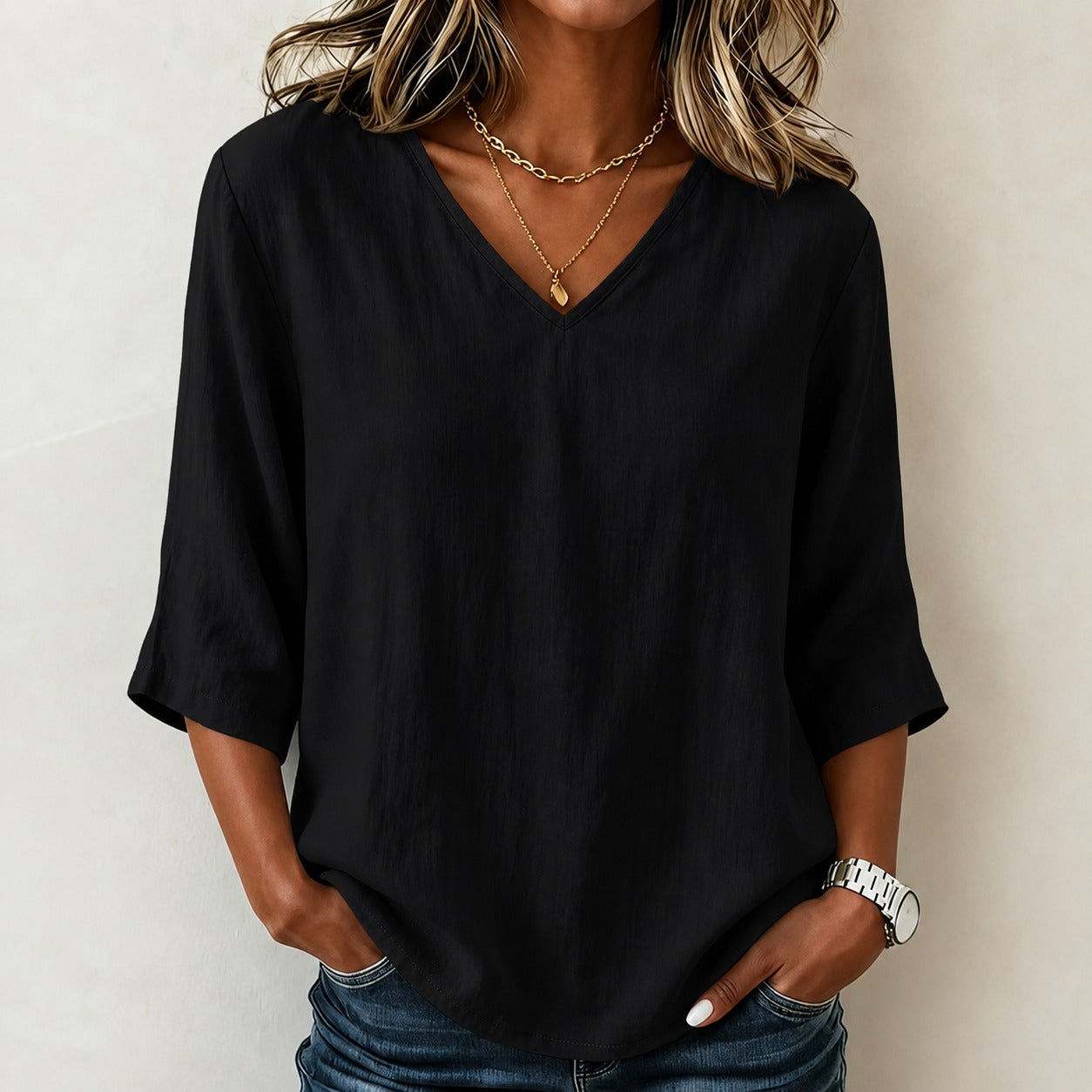 Blusa Renata™ de Lino y Algodón con Diseño Minimalista, Escote V y Manga Tres Cuartos