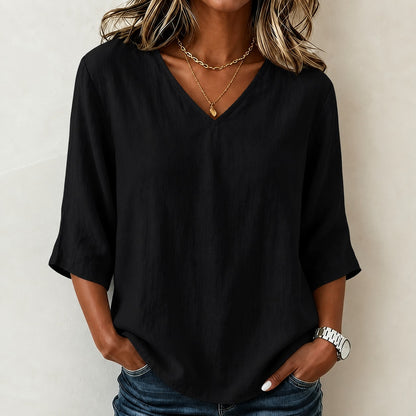 Blusa Renata™ de Lino y Algodón con Diseño Minimalista, Escote V y Manga Tres Cuartos