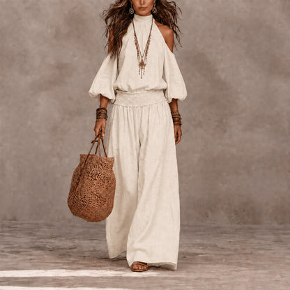 Conjunto Oceane™ con Blusa de Hombros Descubiertos y Pantalón Palazzo con Cintura Fruncida.