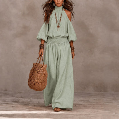 Conjunto Oceane™ con Blusa de Hombros Descubiertos y Pantalón Palazzo con Cintura Fruncida.