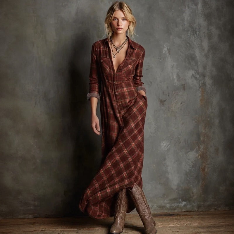 Vestido Valdine™ de Manga Larga con Estampado de Cuadros y Botones Frontales