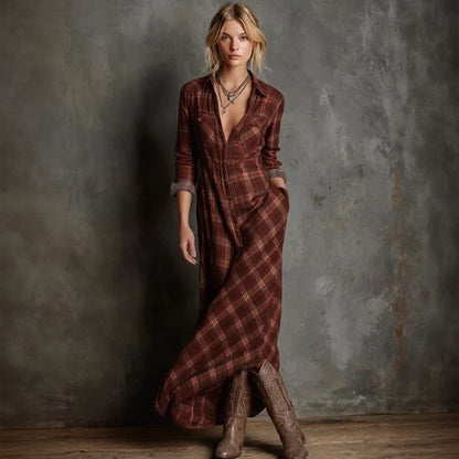 Vestido Valdine™ de Manga Larga con Estampado de Cuadros y Botones Frontales