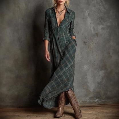 Vestido Valdine™ de Manga Larga con Estampado de Cuadros y Botones Frontales