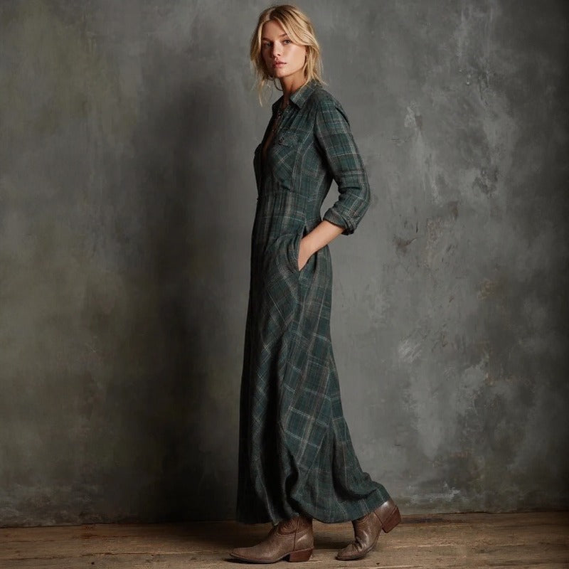 Vestido Valdine™ de Manga Larga con Estampado de Cuadros y Botones Frontales