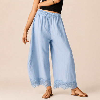Pantalón Vallena™ con Detalle de Encaje en el Bajo y Cintura Elástica Ajustable