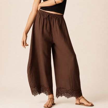 Pantalón Vallena™ con Detalle de Encaje en el Bajo y Cintura Elástica Ajustable