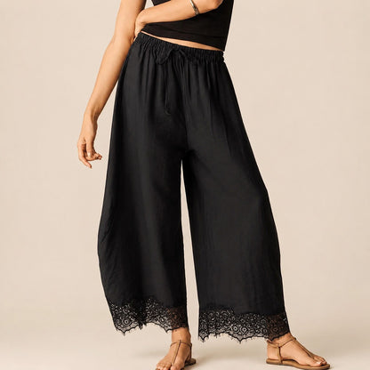 Pantalón Vallena™ con Detalle de Encaje en el Bajo y Cintura Elástica Ajustable