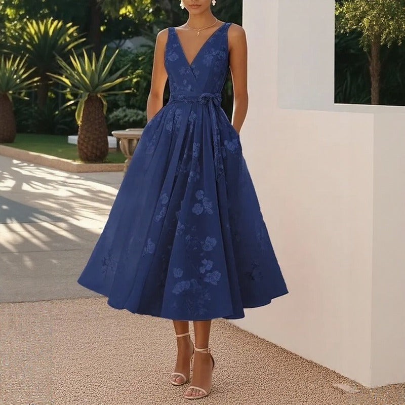 Vestido Lavienne™ con Estampado Floral y Cintura Marcada con Lazo