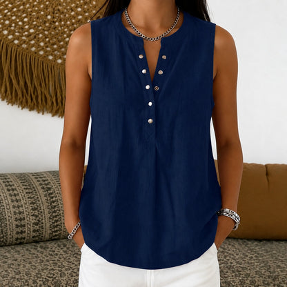 Blusa Laura™ con Botones Frontales, Cuello Redondo y Diseño Sin Mangas