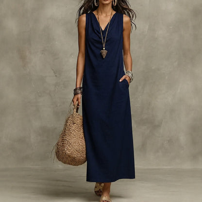 Vestido Largo Aveline™ con Escote Drapeado y Bolsillos Laterales