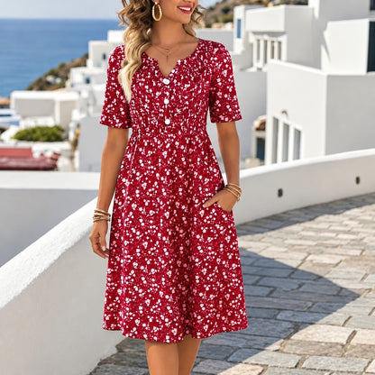 Vestido Midi Rosalia™ con Botones Delanteros, Estampado Floral y Mangas Cortas