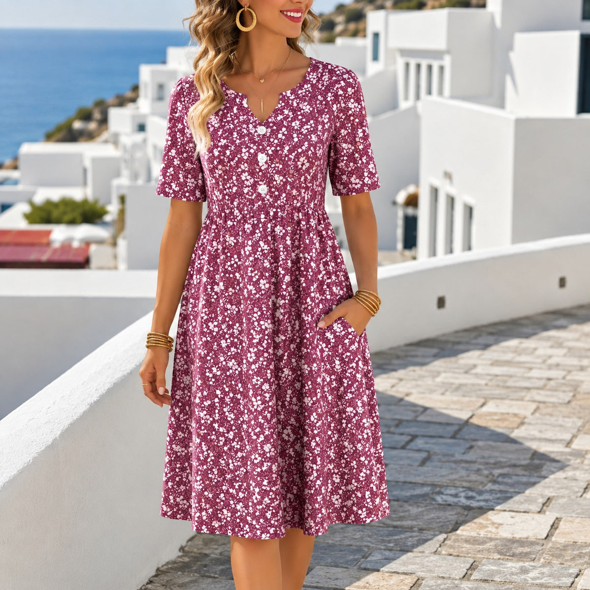 Vestido Midi Rosalia™ con Botones Delanteros, Estampado Floral y Mangas Cortas