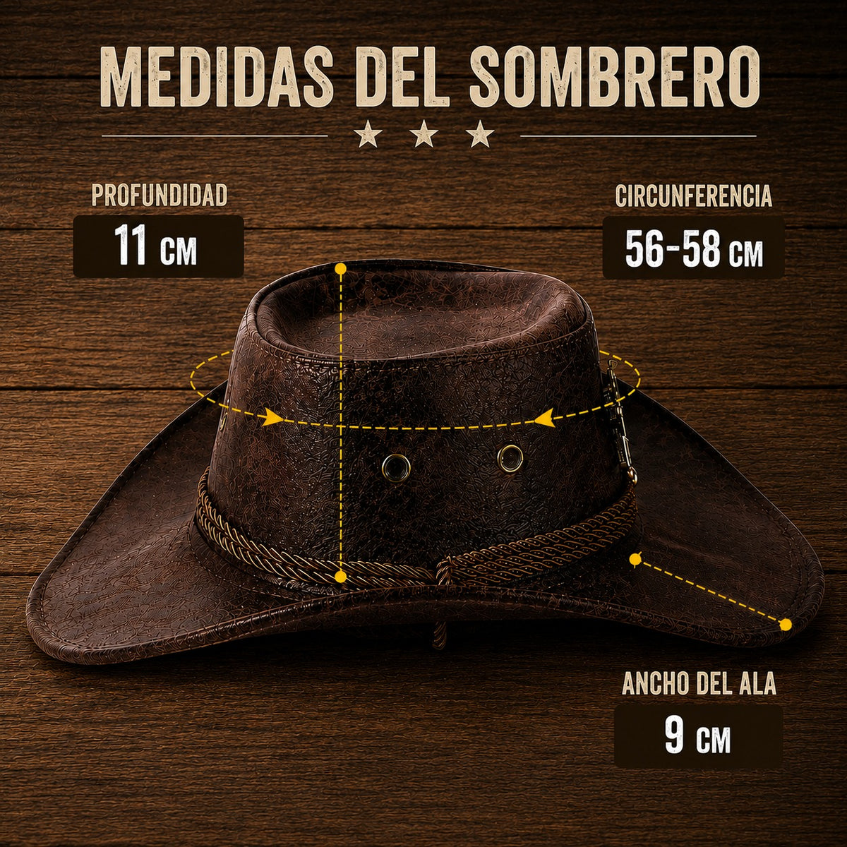 COMPRA 1 Y LLÉVATE 2 GRATIS - Sombrero Vaquero Monterrey™ de Cuero Premium con Acabado Rústico y Detalles Metálicos