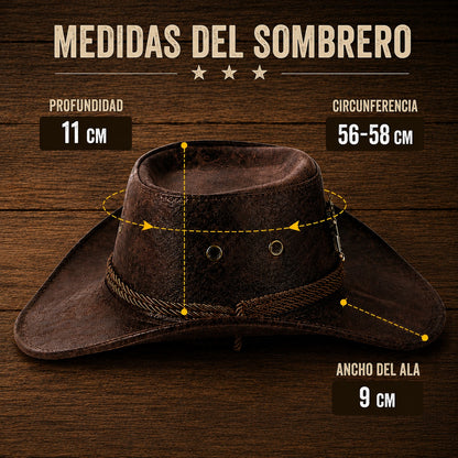 COMPRA 1 Y LLÉVATE 2 GRATIS - Sombrero Vaquero Monterrey™ de Cuero Premium con Acabado Rústico y Detalles Metálicos