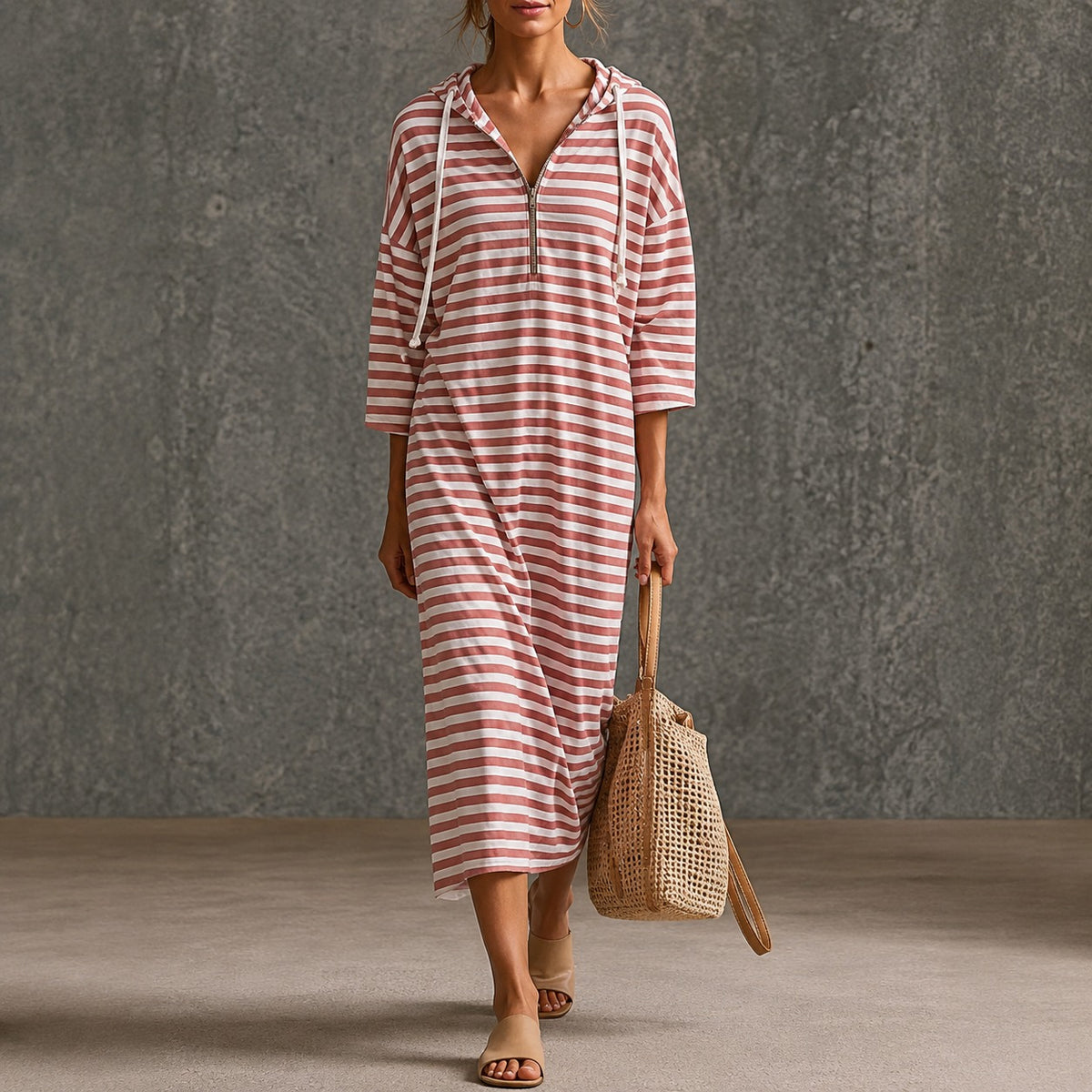 Vestido Viona™ a Rayas con Capucha y Escote en V con Cierre Metálico