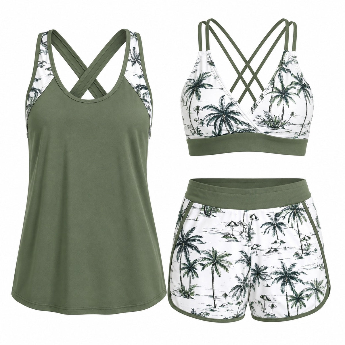 Conjunto Tankini Marena™ de 3 Piezas con Top Cruzado, Camiseta de Tirantes y Short