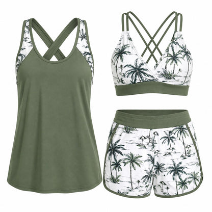 Conjunto Tankini Marena™ de 3 Piezas con Top Cruzado, Camiseta de Tirantes y Short
