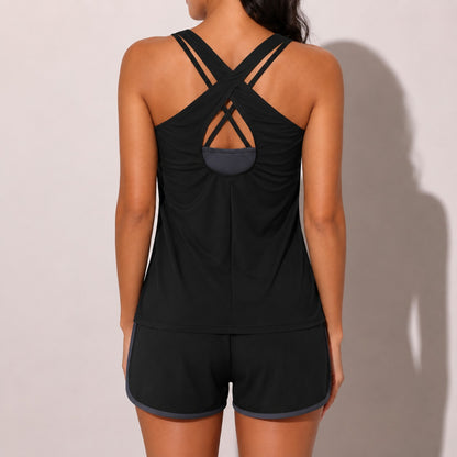 Conjunto Tankini Marena™ de 3 Piezas con Top Cruzado, Camiseta de Tirantes y Short
