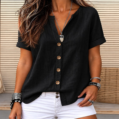 Camisa Corina™ con Escote en V, Botones Frontales y Mangas Cortas