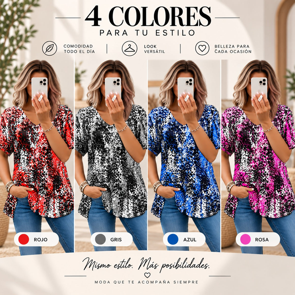 Blusa Seralia™ con Estampado Animal Print, Escote en V y Manga Corta