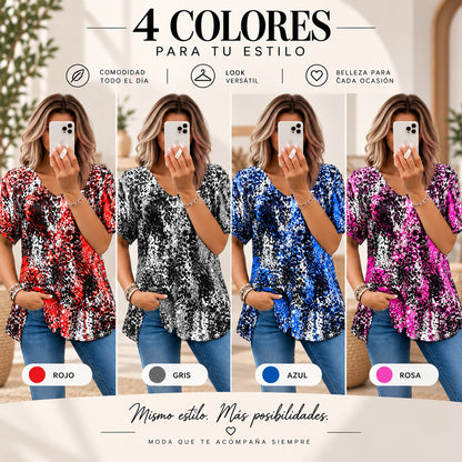 Blusa Seralia™ con Estampado Animal Print, Escote en V y Manga Corta
