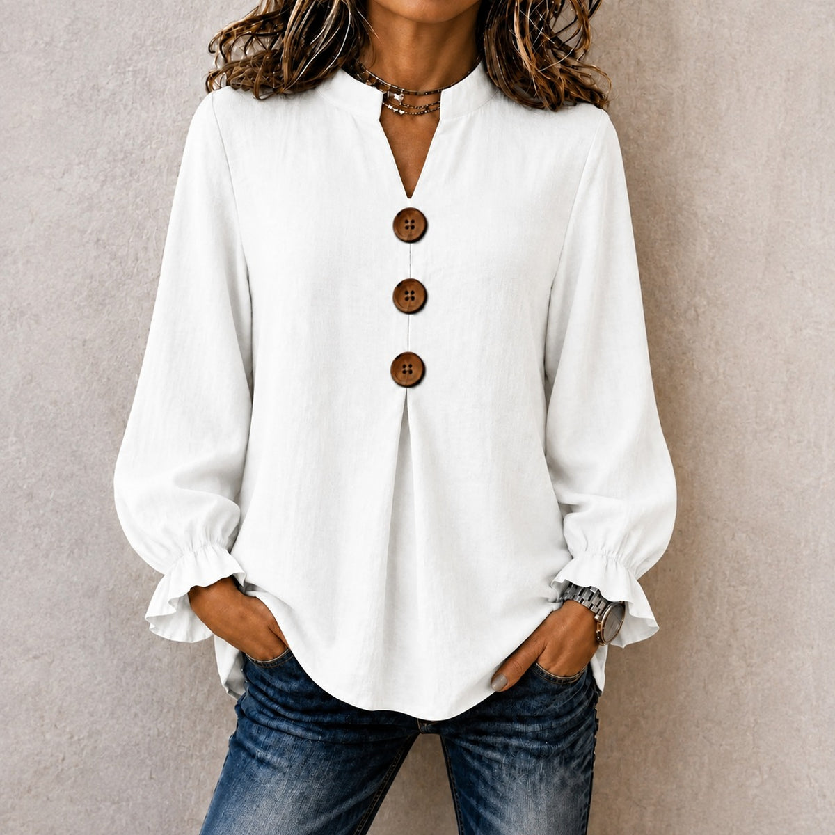 Blusa Dulce™ con Gola Mandarín, Puños con Volantes y Botones Frontales